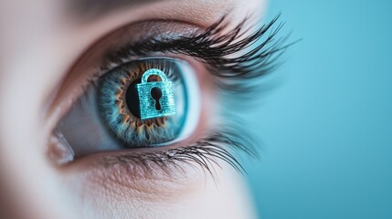 Fototapeta premium A close up of an eye with a digital lock superimposed over the pupil, representing the importance of cybersecurity and data protection in the digital age.