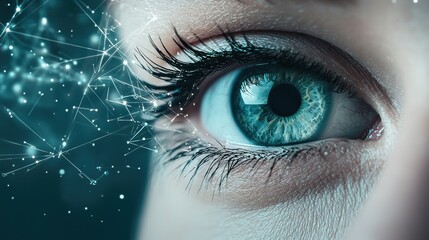 Fototapeta premium An eye surrounded by a network of interconnected nodes and data points, illustrating the concept of big data and its impact on privacy and individual freedom.