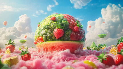 Earth Made of Fruit Salad, with Watermelon Oceans and Strawberry Islands, Hovering Over a Candy Planet 