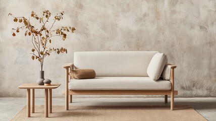 Cozy living room with a minimalist sofa and decorative table.