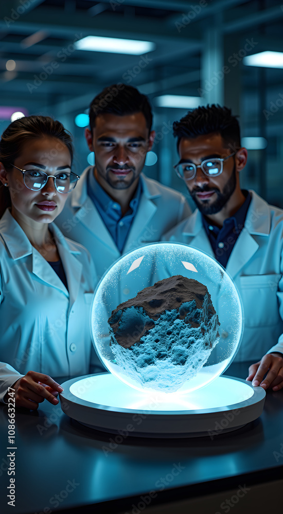 Poster a multiracial group of scientists examines an asteroid in a futuristic lab setting with focused expr