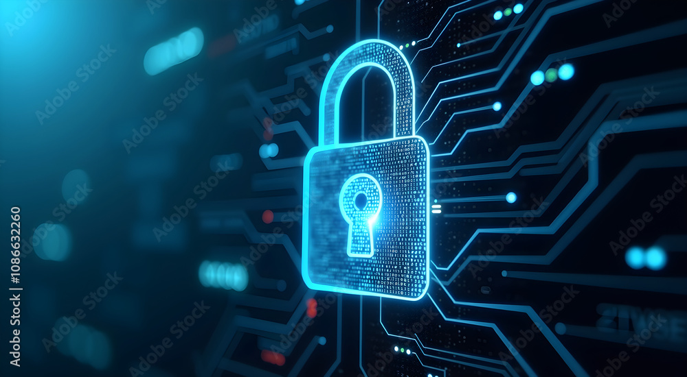 Poster a glowing digital lock symbolizes security in cyberspace with interconnected circuits and a high-tec