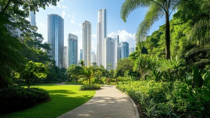 Naklejka premium Sustainable and greenery environmental concept. Lush green park with skyscrapers in the background under a blue sky.