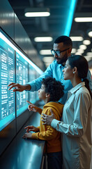 A futuristic bank features a black father, an Indian mother, and their biracial child interacting with digital interfaces and robots assisting customers