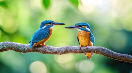 Two Kingfishers Perched on a Branch