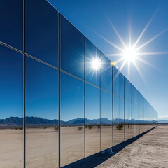 A solar farm stretching across a desert with mirrored panels reflecting the blazing sunlight