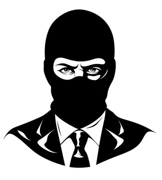 recommend clip art: A man in a business suit and black mask hides his identity, a representation of corruption or financial fraud. Portrait of an evil cyber criminal illustration. Robber, hacker.