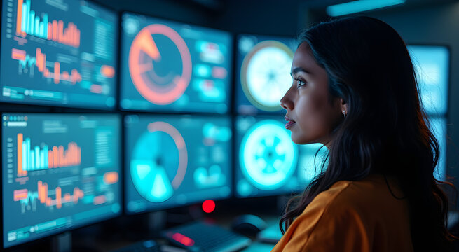 A young indian female is monitoring clean energy systems in a control room surrounded by vibrant holographic displays and data visualizations