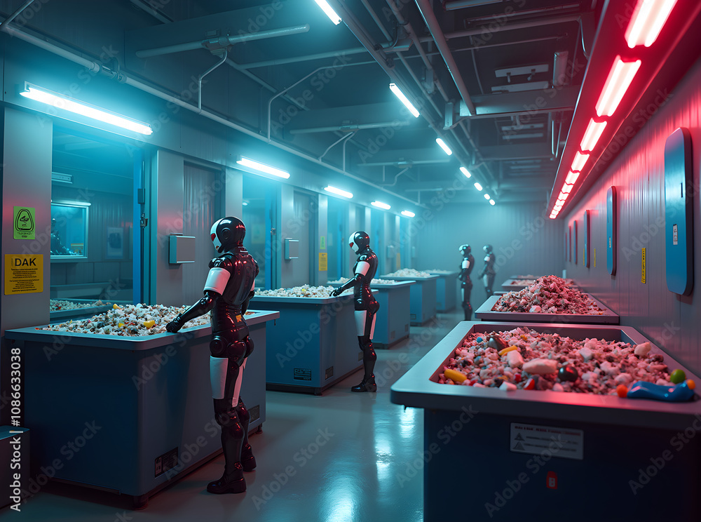 Poster a futuristic recycling plant with robots sorting waste efficiently under glowing neon lights creatin