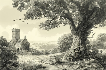 Detailed monochrome illustration of a peaceful countryside featuring a large oak tree, a stone cottage, and rolling hills.