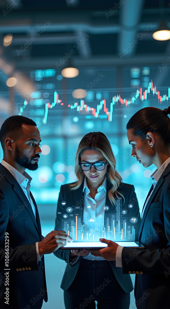 Poster a mixed-race group of professionals collaborates intently on a floating holographic financial dashbo