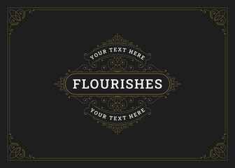 Elegant luxury Victorian flourishes golden ornament greeting card design template vector illustration. Premium classical vignette fancy filigree swirl royal decoration for old style invitation label