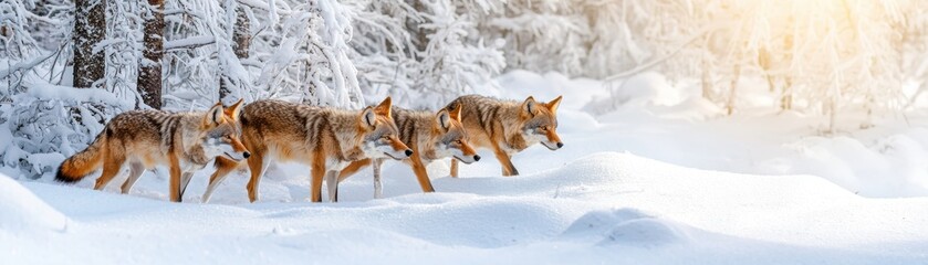 Fototapeta premium A wolf pack moving silently through a snowy forest, blending perfectly with their surroundings