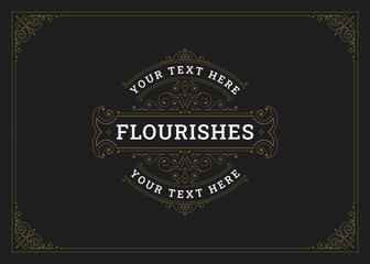 Vintage filigree luxury golden ornament greeting card design template vector illustration. Classical flourishes premium vignette swirl antique style decoration royal floral motif for label cover