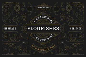Flourishes vintage luxury golden floral ornate decorative design element set vector illustration. Calligraphic royal classical swirl Victorian vignette border divider frame book cover restaurant menu