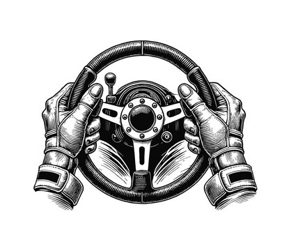 recommend clip art: two hands gripping a car steering wheel engraving black and white outline