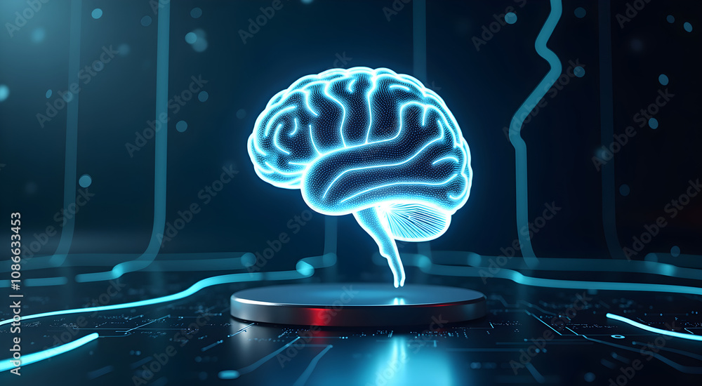 Aufkleber a glowing digital brain symbolizes innovation in a dark futuristic room with floating neon lines cre