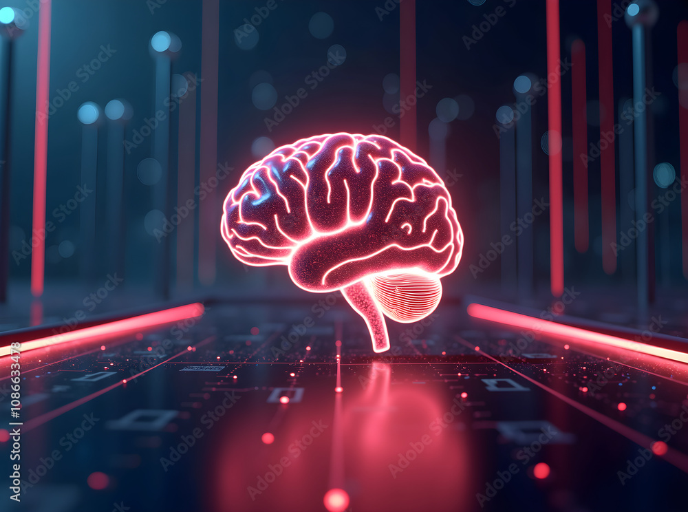 Poster a glowing digital brain symbolizes innovation in a dark futuristic environment with floating neon li