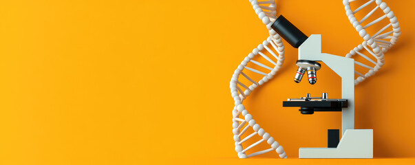 Microscope and dna strand laboratory scientific equipment bright orange background educational concept for research impact