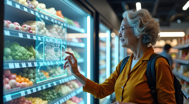 An elderly East Asian woman interacts with a holographic assistant while shopping for groceries in a futuristic store