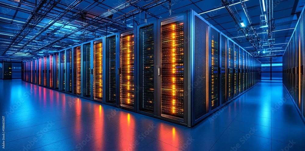Poster rows of glowing server racks in a modern data center.