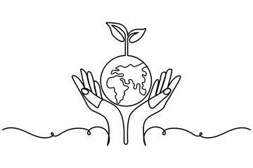 continuous hand draw concept of Eco earth planet icon of world earth day global map outline vector