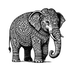 elephant tattoo engraving black and white outline