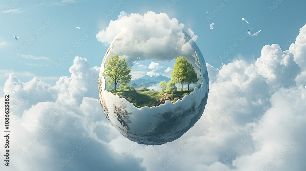 Poster earth shaped as a soft-boiled egg, with trees growing from the yolk and clouds floating around