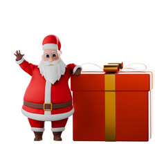 Fat Santa Cartoon Christmas Design. A Santa Claus man stands next to a large gift with his right hand waving. 3D Holiday Style
