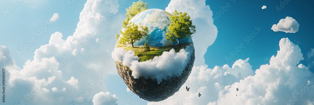 Poster earth shaped as a soft-boiled egg, with trees growing from the yolk and clouds floating around