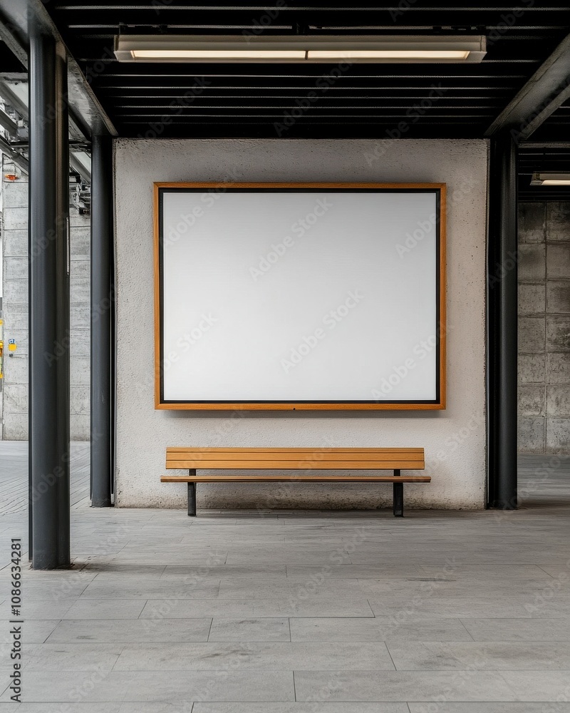 Poster a minimalist interior featuring a blank canvas frame on a concrete wall with a wooden bench below, c