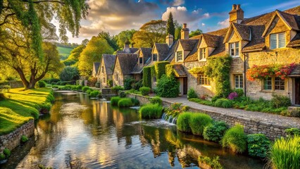 Obraz premium Rural English cottages: Documentary images by a tranquil stream.