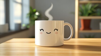 Fototapeta premium A white coffee mug with a cute smiley face on a wooden table, with a blurred background of a window and plants.