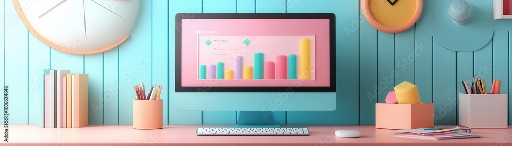 Poster a modern workspace featuring a colorful bar chart on a computer screen, surrounded by stationery and