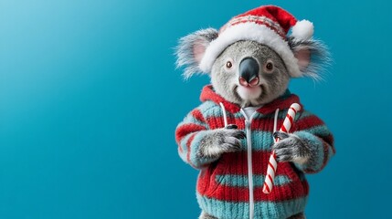Festive Koala in Winter Party Attire Holding Candy Cane on Plain Background