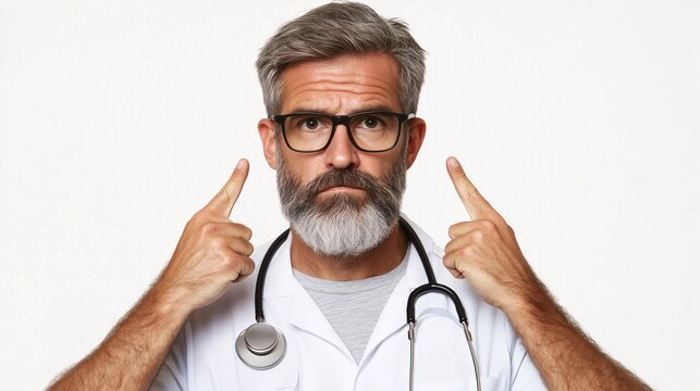 Male doctor with glasses and beard pointing to his head, expressing thoughtfulness