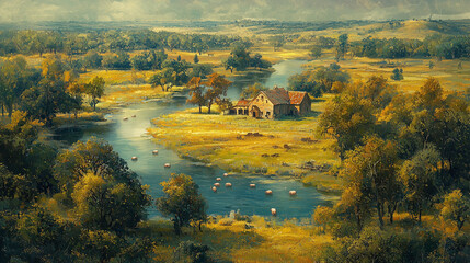 Organic pig farm with pigs roaming freely in a large outdoor space, enjoying a natural environment. A sustainable, humane approach to farming, promoting animal welfare and healthy livestock.