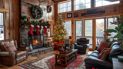 Cozy living room with holiday decorations stockings by the fire rustic and inviting copy space