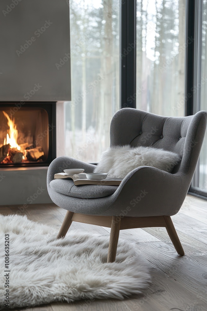 Sticker Modern living room in Scandinavian design with a grey chair by a warm fireplace.