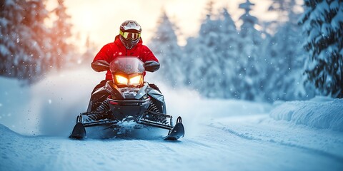 Snowmobiler speeds through a snowy forest, leaving a trail of snow behind.