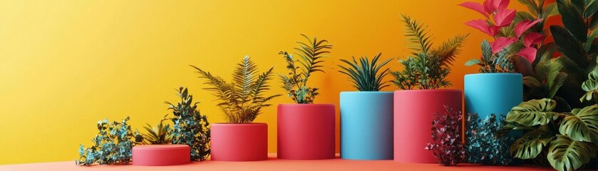 A vibrant arrangement of colorful potted plants against a bright yellow background, showcasing various greenery and decorative pots.
