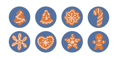 Christmas holiday gingerbread cookies stickers set. Traditional winter baked Xmas snack delicious food. Christmas celebration, New Year ginger biscuit dessert decoration vector background illustration