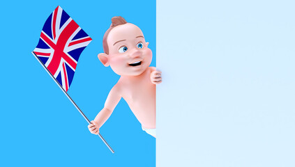 Fun 3D cartoon baby with a flag from united kingdom