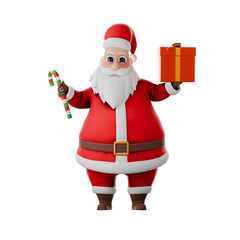 Cartoon Christmas Santa Claus Model. A Santa Claus man stands with his right hand holding a staff and his left hand holding a gift. Festive 3D Illustration