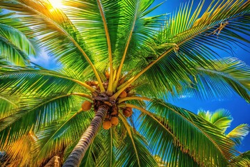 Obraz premium Simulated tropical paradise: coconut fronds, brilliant blue sky, AI art.