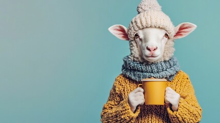 Cheerful Sheep in Cozy Winter Outfit Holding Mug of Hot Cocoa on Plain Background