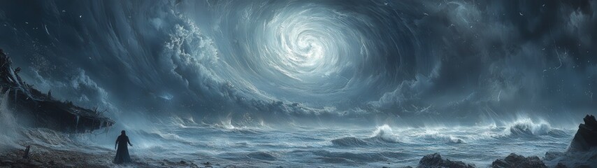 A dramatic seascape featuring a swirling storm cloud over turbulent waters, capturing the essence of nature's power and mystery.