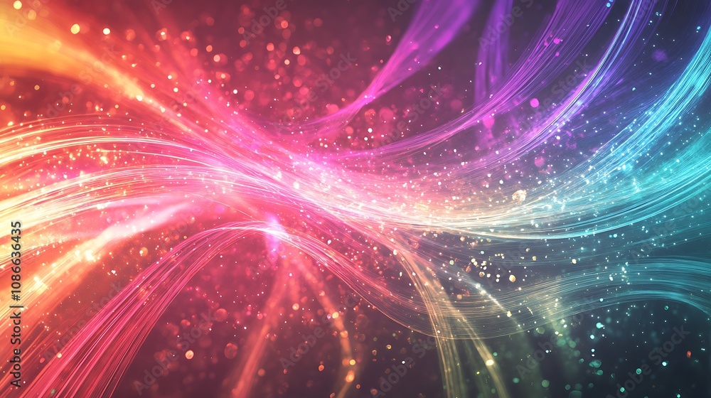 Wall mural abstract background with colorful glowing lines and sparkles. (1)