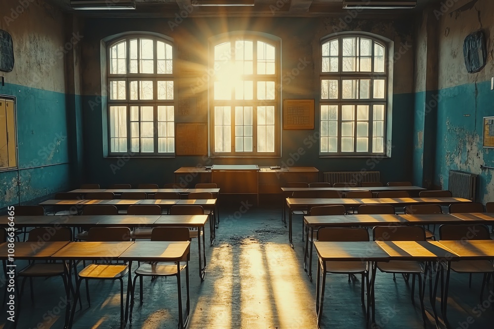 Poster Sunlight streams through the windows of an empty classroom with rows of desks, creating a warm glow.