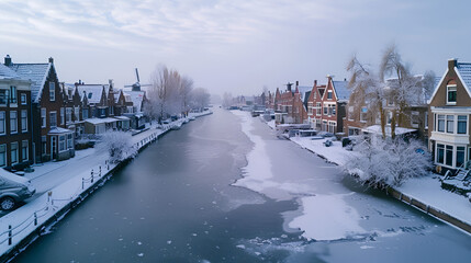 Crisp winter morning in a Dutch canal town frozen waterways and icy windmills picturesque winter scene copy space